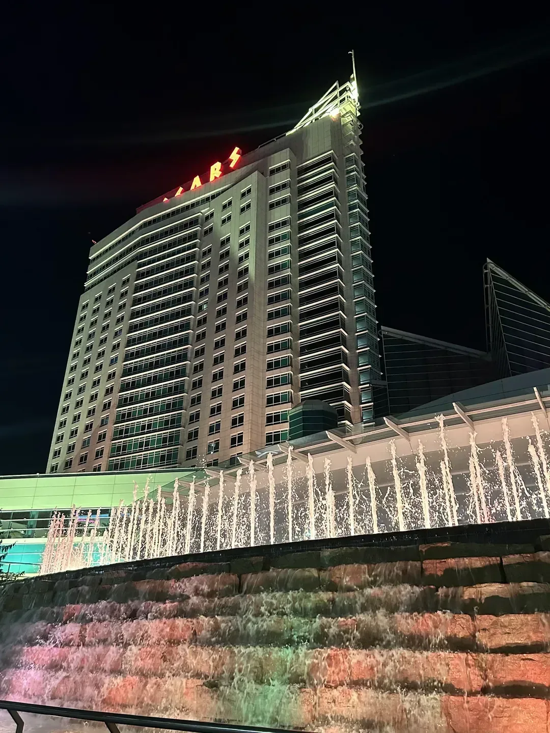 Caesars Windsor, Windsor — the high-rise facade over the riverfront deck at night