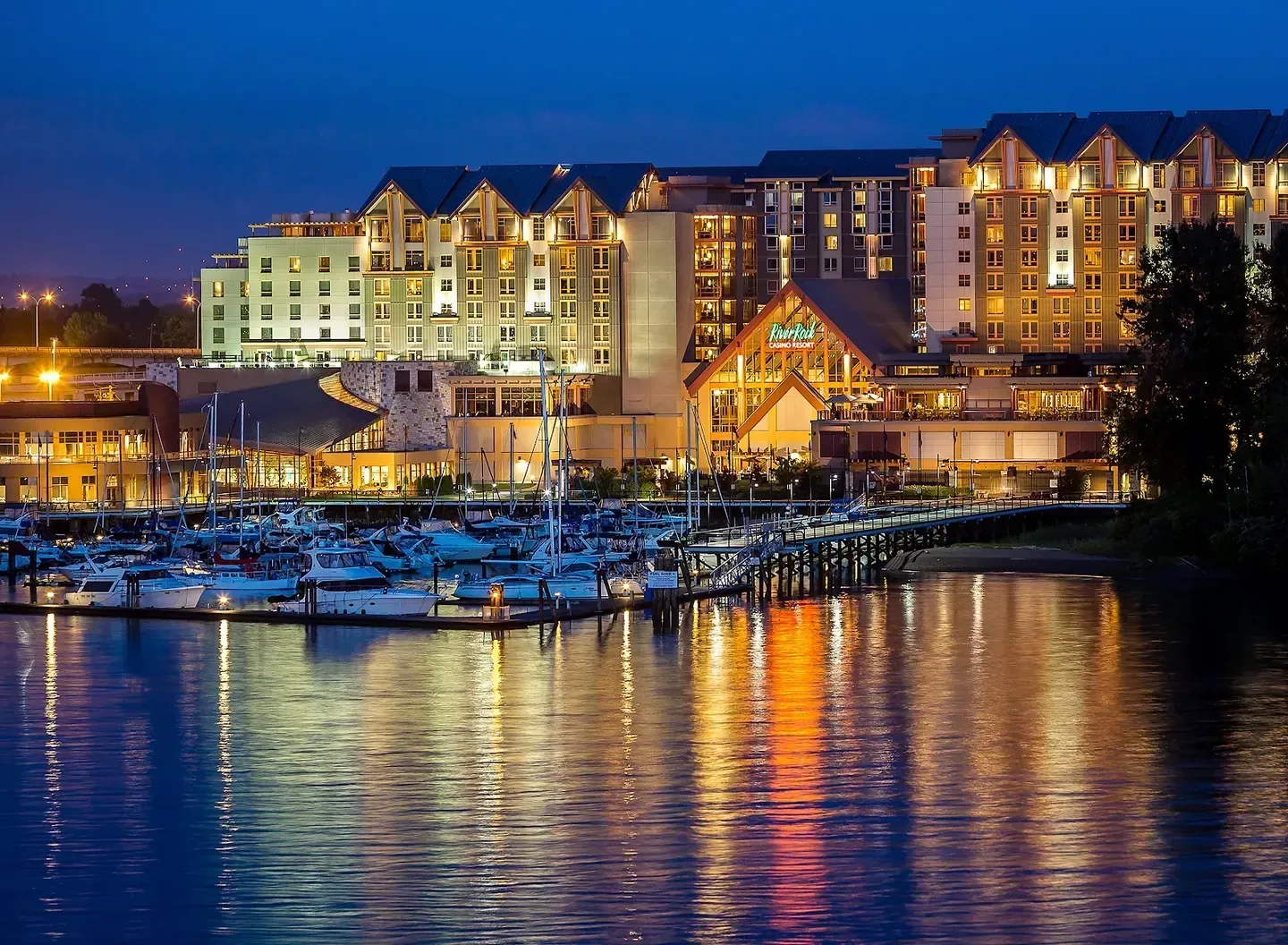 River Rock Casino Resort, Richmond — the resort buildings and marina at dusk